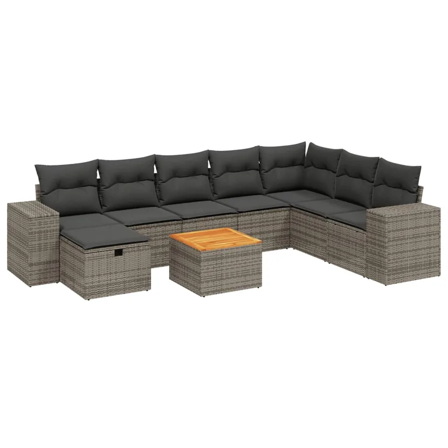Salon de jardin 9 pcs avec coussins gris résine tressée - 2