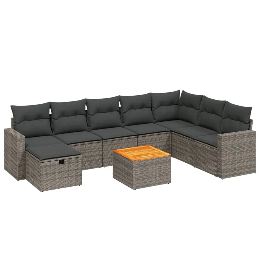 Salon de jardin 9 pcs avec coussins gris résine tressée - 2