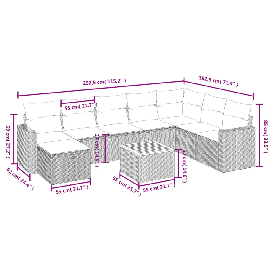 Salon de jardin 9 pcs avec coussins gris résine tressée - 4