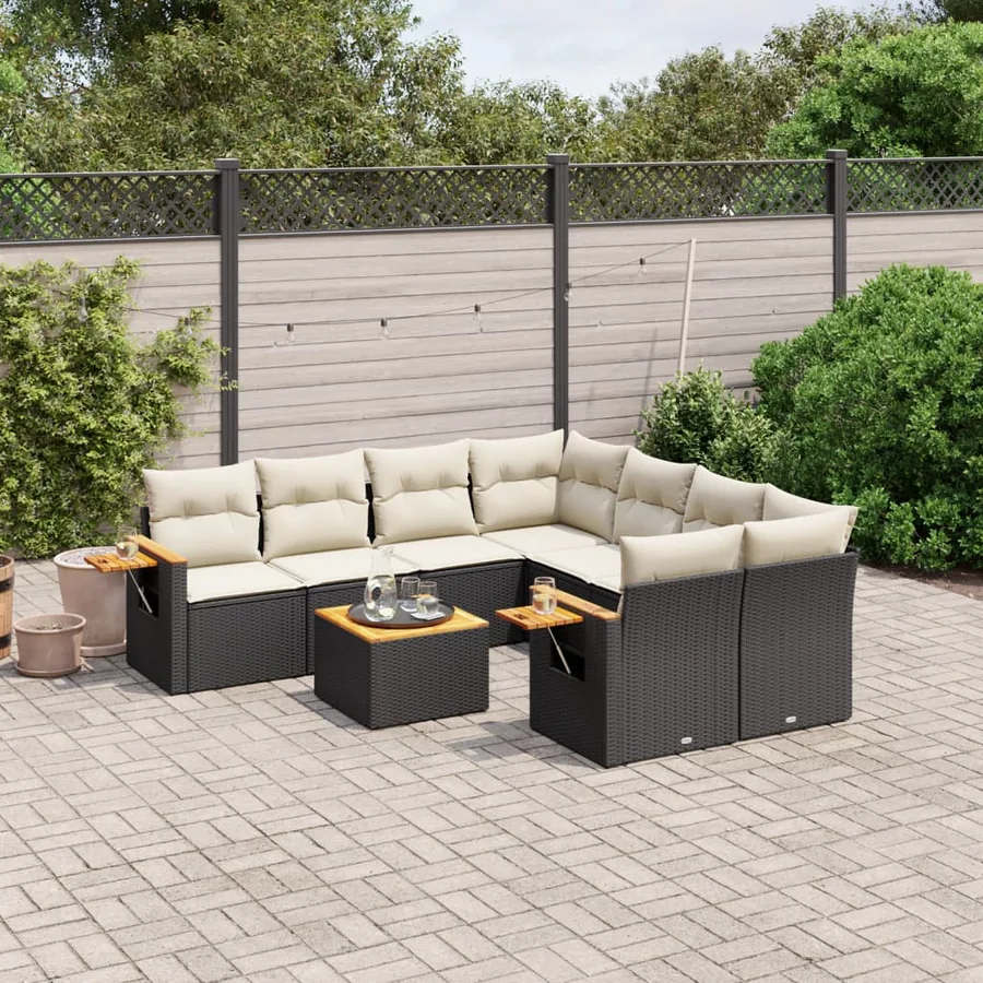 Salon de jardin 9 pcs avec coussins noir résine tressée