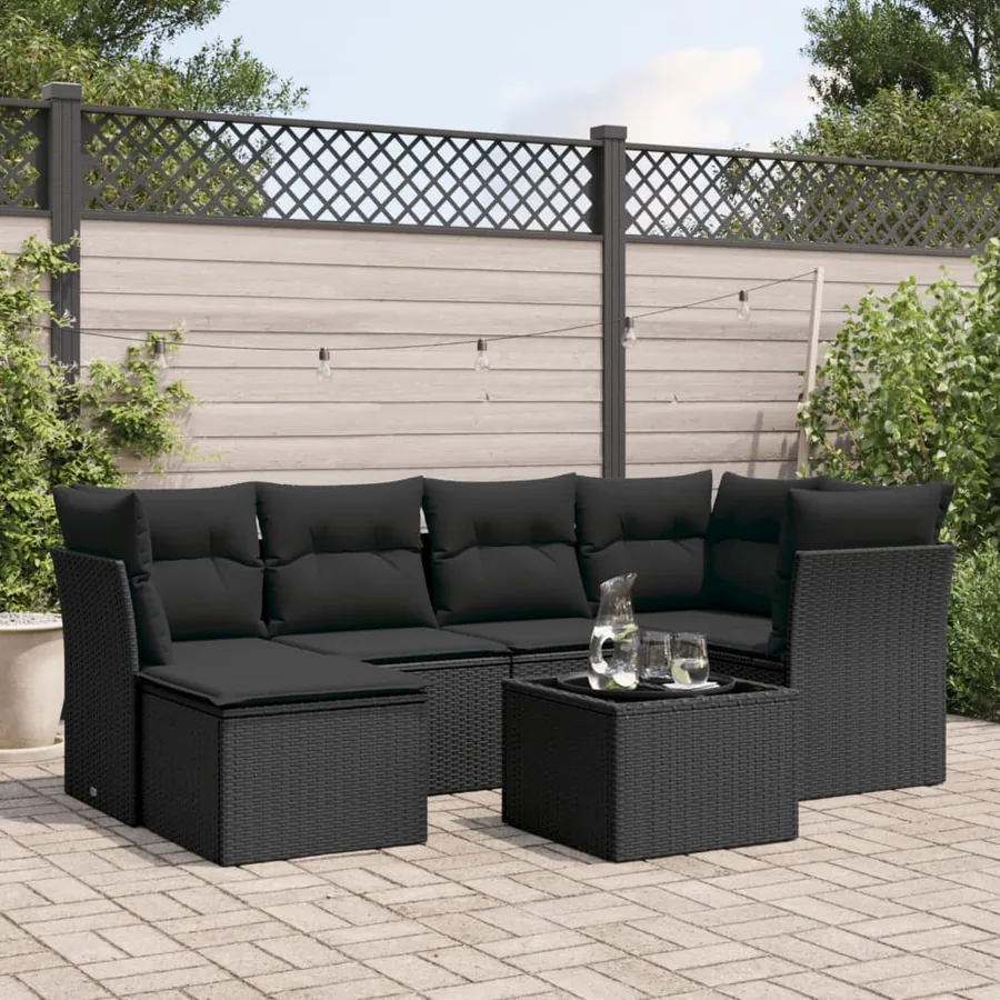 Salon de jardin 7 pcs avec coussins noir résine tressée 62 x 62 x 69 cm - 59,2 kg