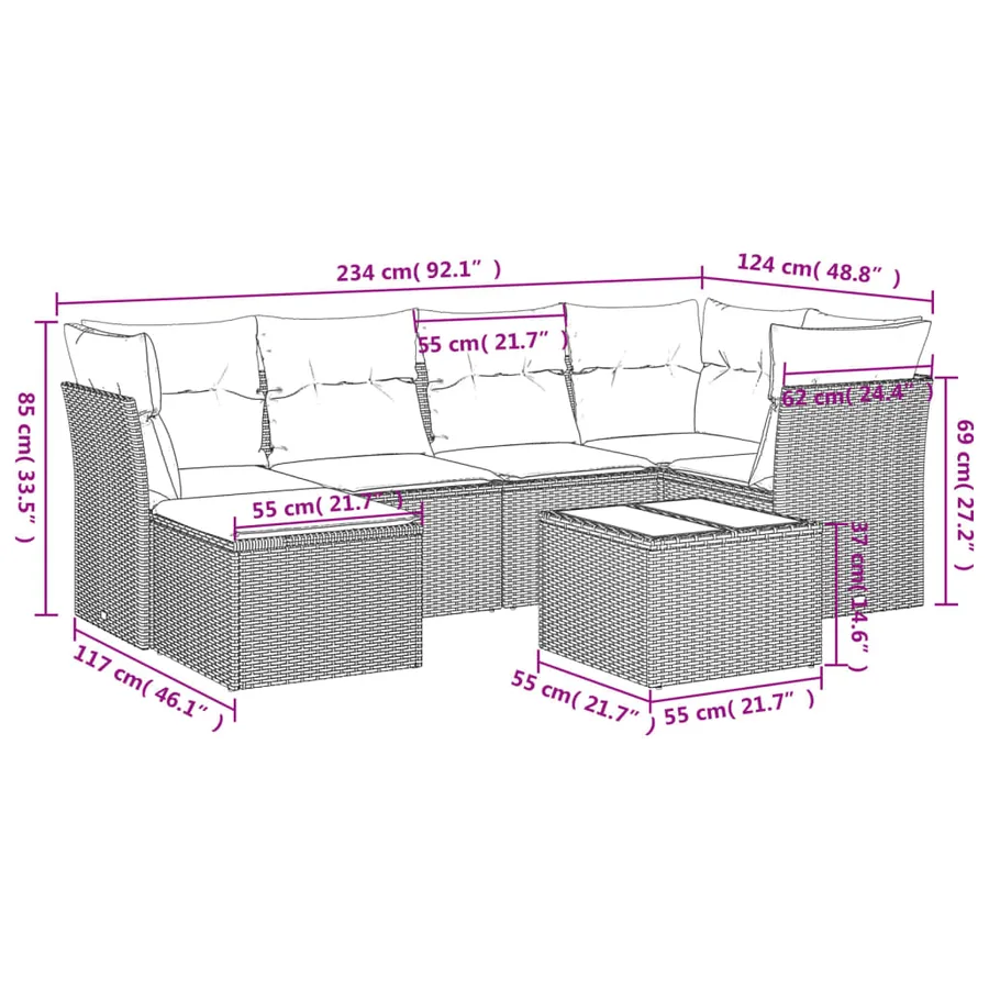 Salon de jardin 7 pcs avec coussins noir résine tressée 62 x 62 x 69 cm - 59,2 kg - 3