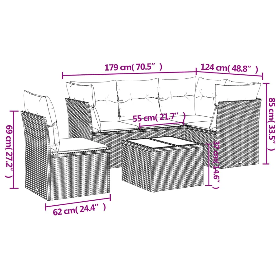 Salon de jardin 6 pcs avec coussins noir résine tressée - 3