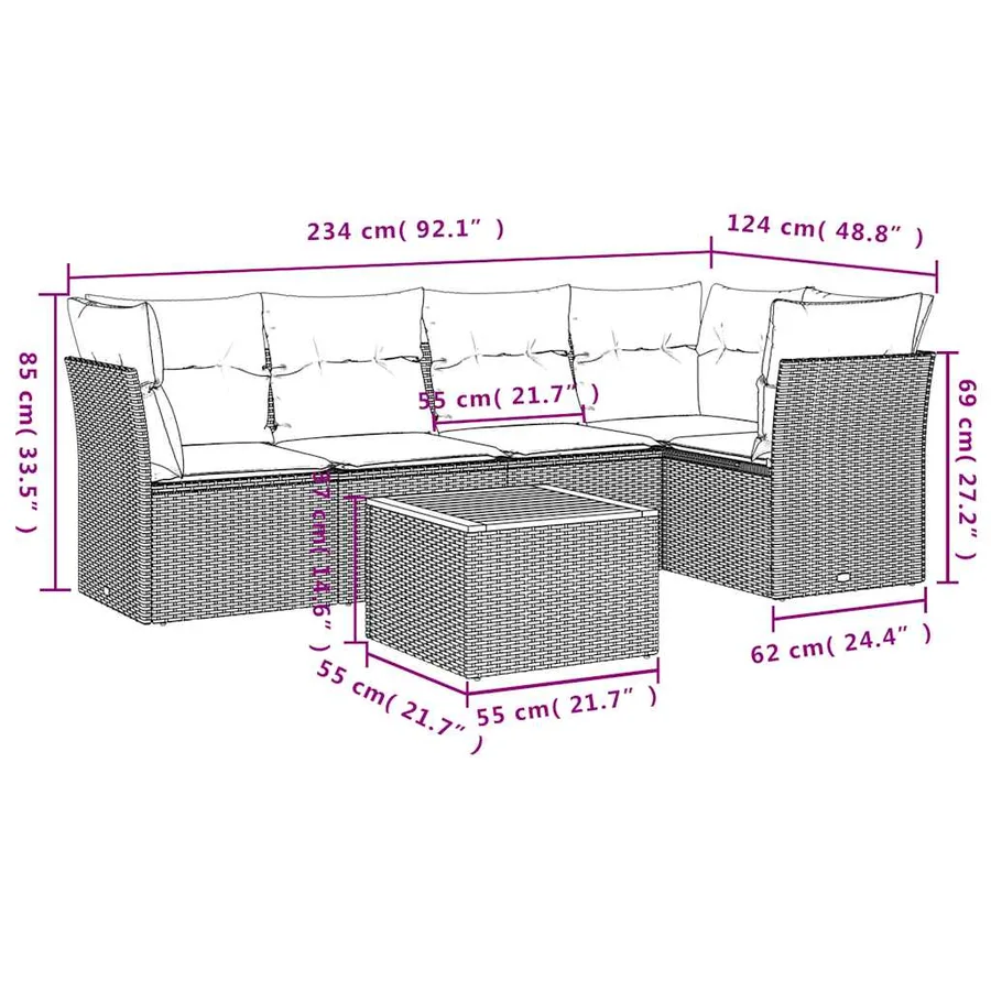 Salon de jardin 6 pcs avec coussins noir résine tressée - 10