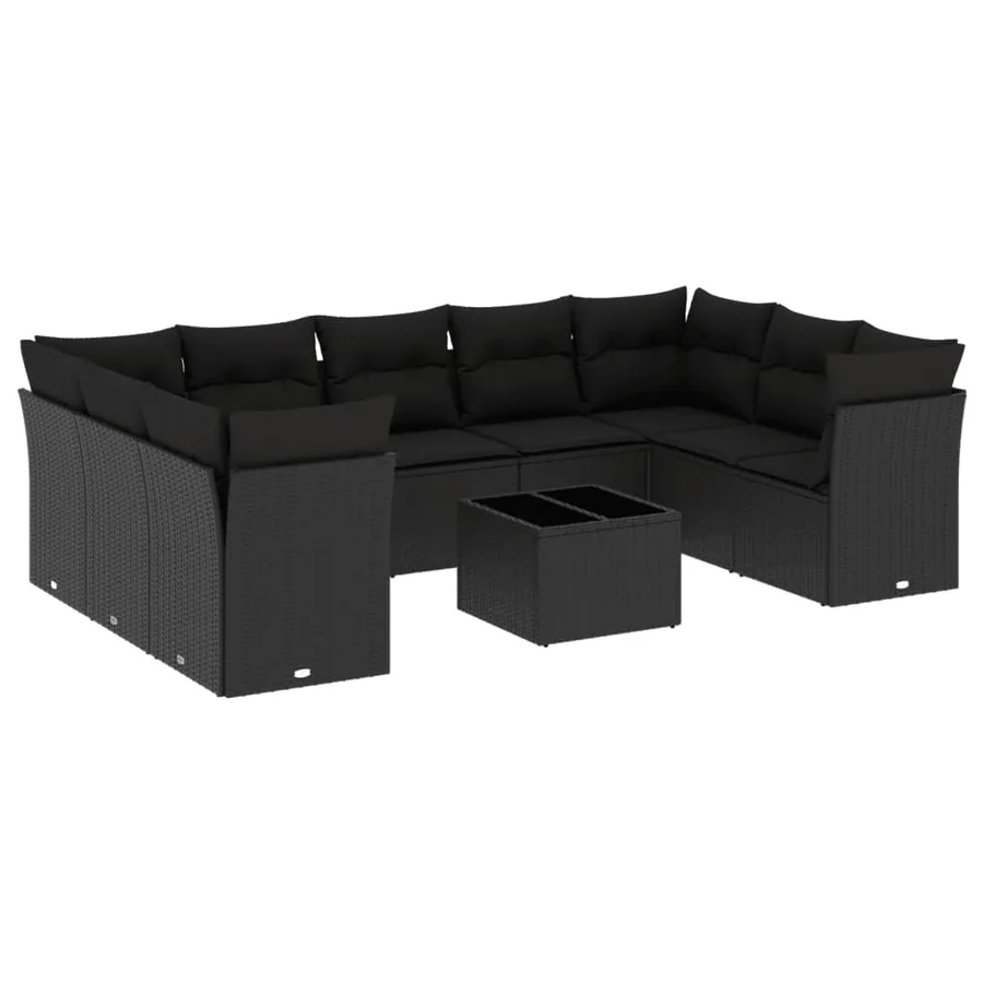 Salon de jardin 10 pcs avec coussins noir résine tressée - 2