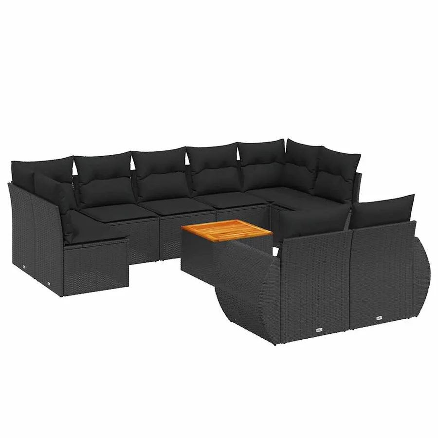 Salon de jardin 10 pcs avec coussins noir résine tressée - 2