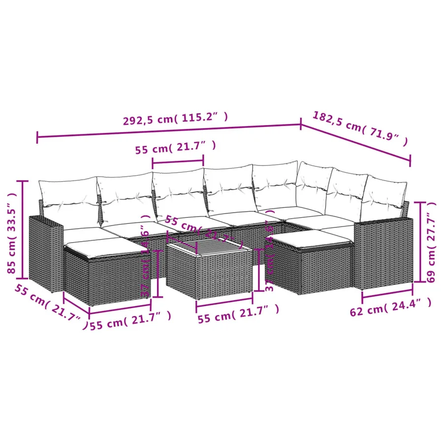 Salon de jardin 10 pcs avec coussins noir résine tressée - 14
