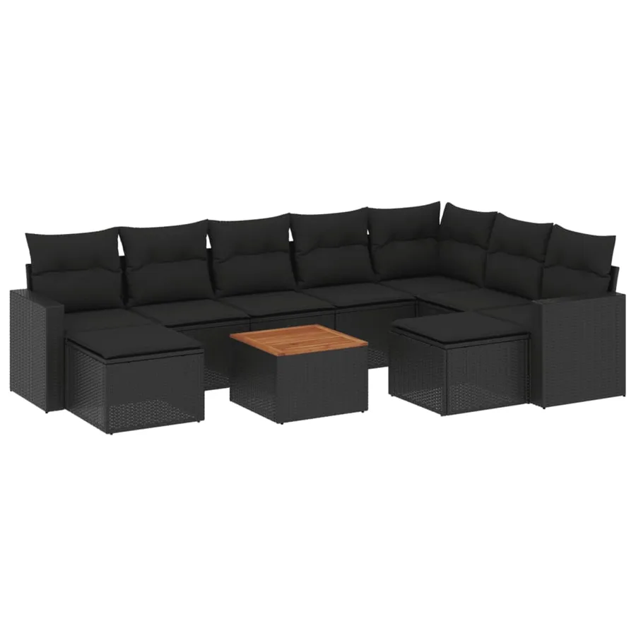 Salon de jardin 10 pcs avec coussins noir résine tressée - 2