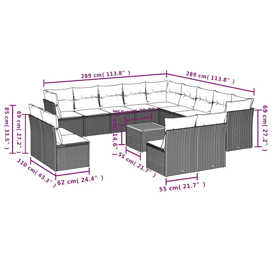 Salon de jardin avec coussins 14 pcs noir résine tressée - 10