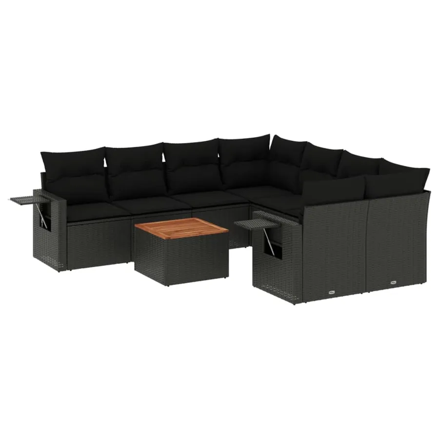 Salon de jardin 9 pcs avec coussins noir résine tressée - 2