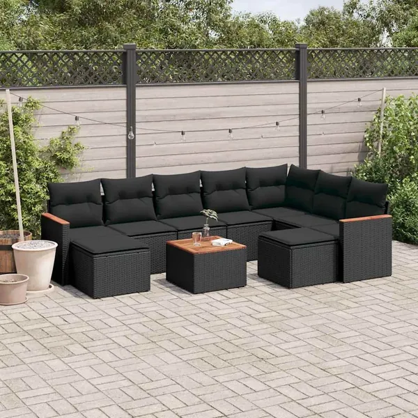 Salon de jardin 10 pcs avec coussins noir résine tressée