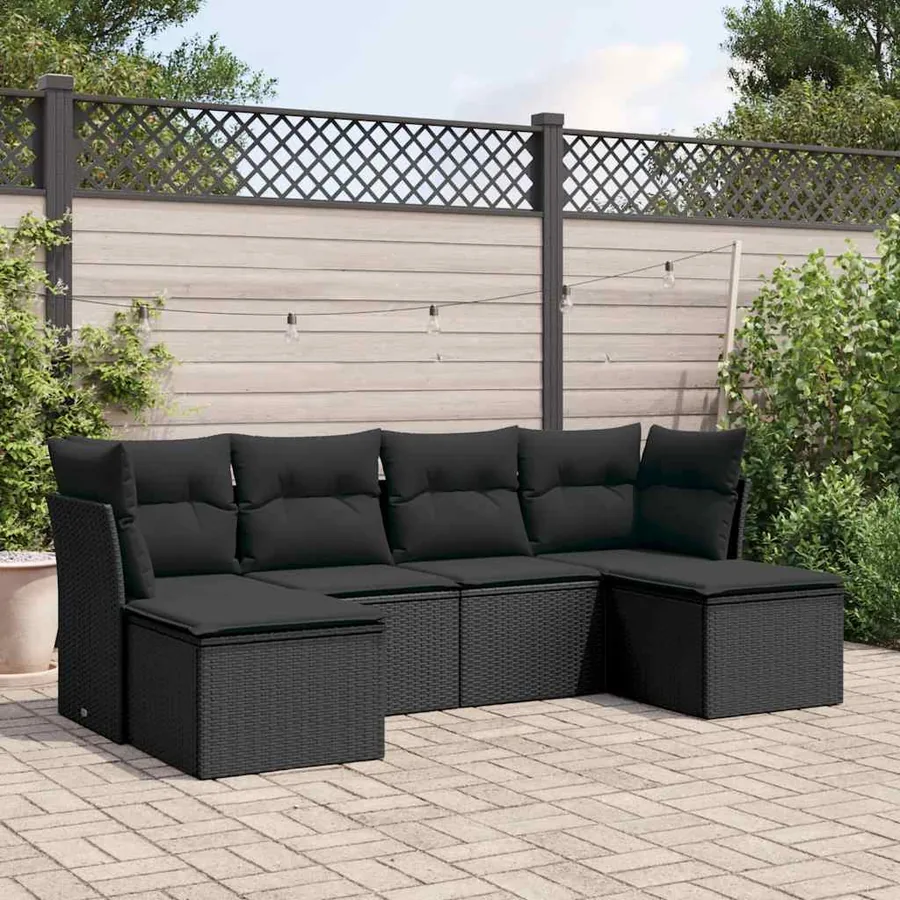 Salon de jardin 6 pcs avec coussins noir résine tressée