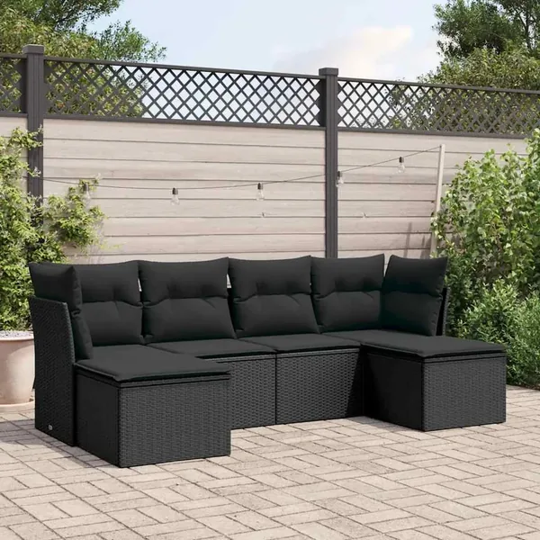 Salon de jardin 6 pcs avec coussins noir résine tressée