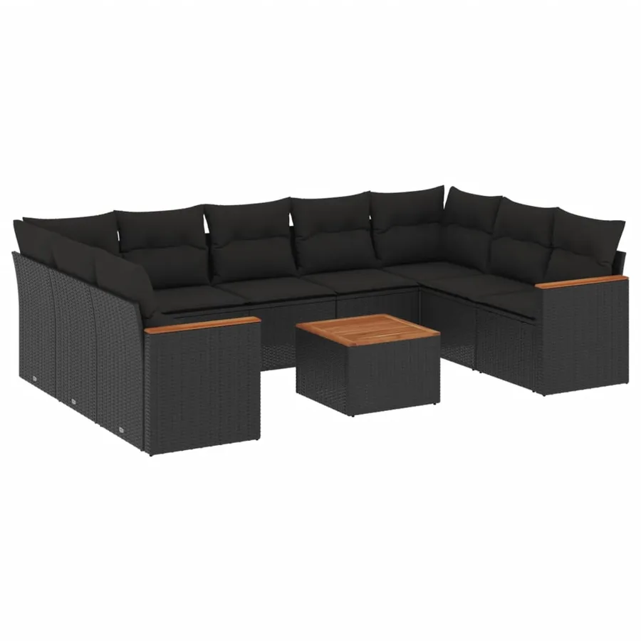 Salon de jardin 10 pcs avec coussins noir résine tressée - 2