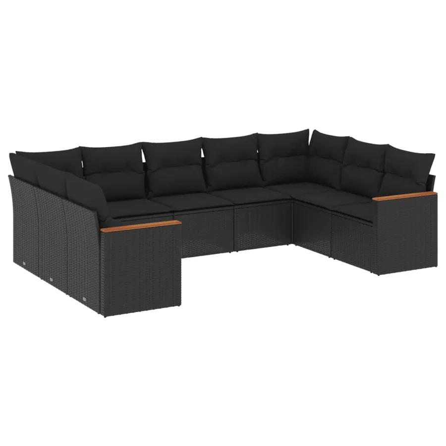 Salon de jardin 9 pcs avec coussins noir résine tressée - 2