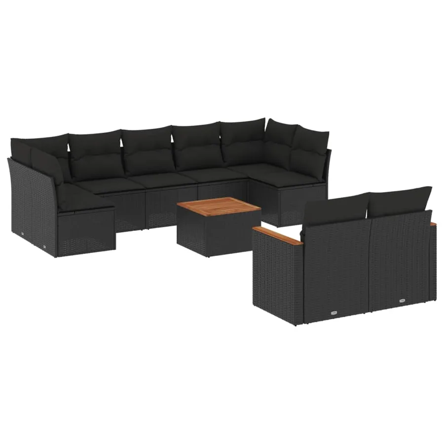 Salon de jardin 10 pcs avec coussins noir résine tressée - 2