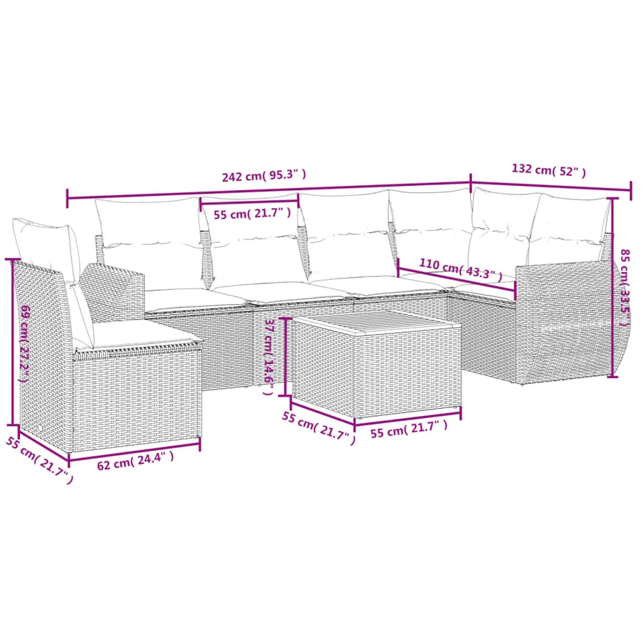 Salon de jardin 7 pcs avec coussins noir résine tressée 62 x 62 x 69 cm - 55,8 kg - 8