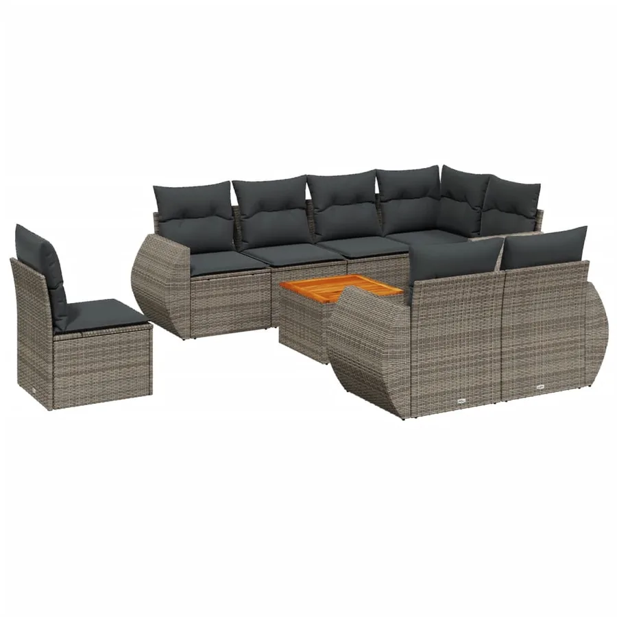Salon de jardin 9 pcs avec coussins gris résine tressée - 2
