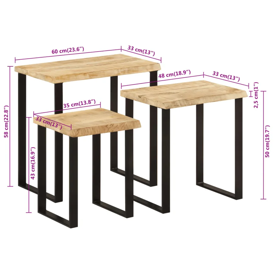 Tables gigognes 3 pcs avec bord vivant bois de manguier massif - 9