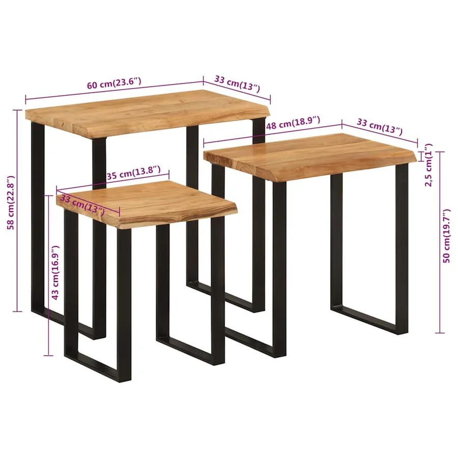 Tables gigognes 3 pcs avec bord vivant bois massif d'acacia - 9