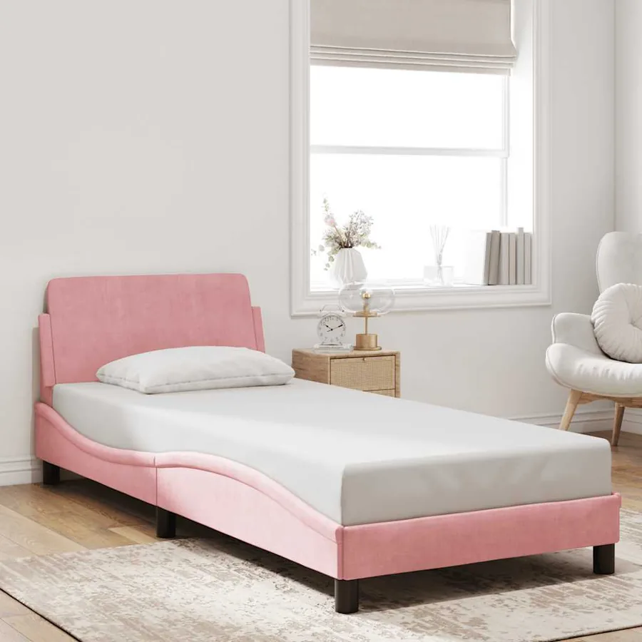 Cadre de lit avec tête de lit Dover rose 90x190 cm velours