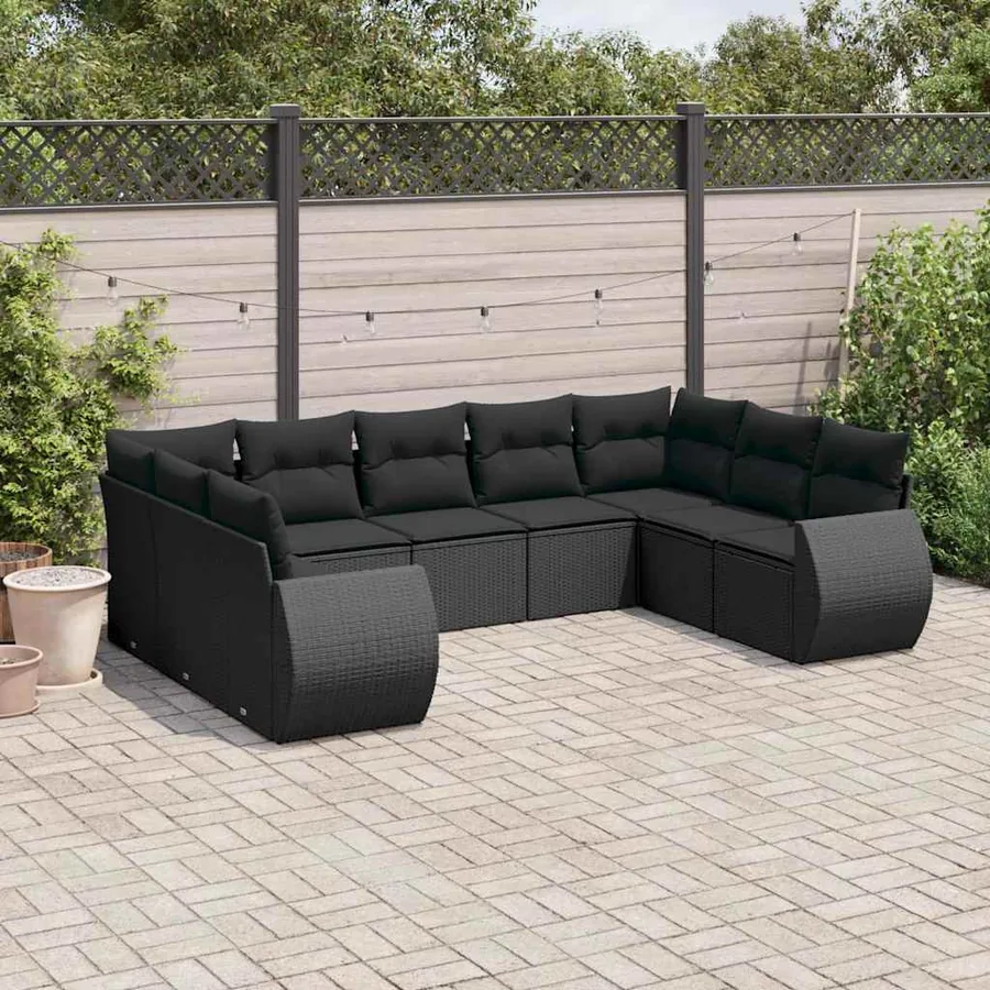 Salon de jardin 9 pcs avec coussins noir résine tressée