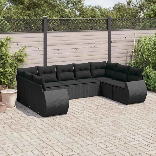 Salon de jardin 9 pcs avec coussins noir résine tressée