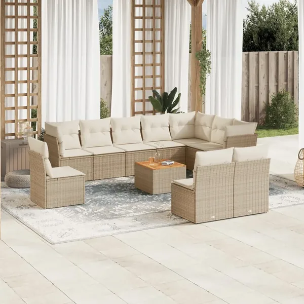 Salon de jardin 11 pcs avec coussins beige résine tressée