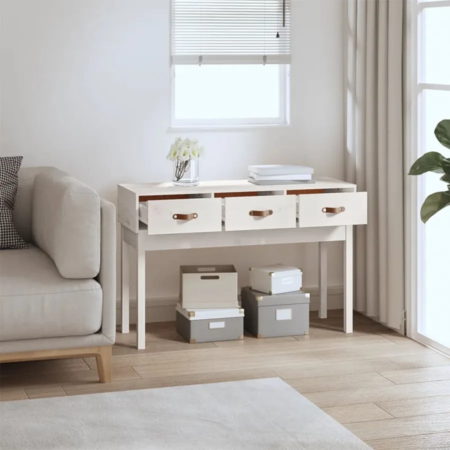 Table console Blanc 114x40x75 cm Bois massif de pin - 6