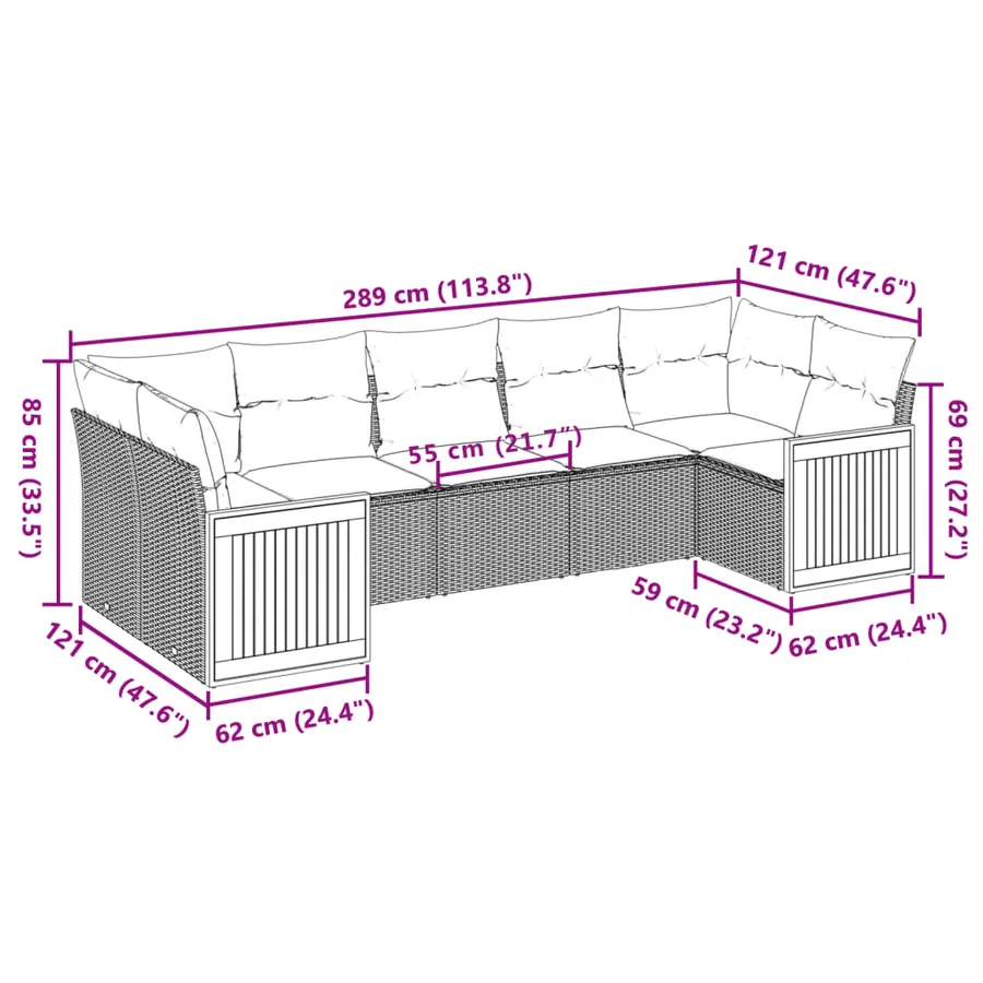 Salon de jardin 7 pcs avec coussins noir résine tressée 62 x 62 x 69 cm - 63,7 kg - 3
