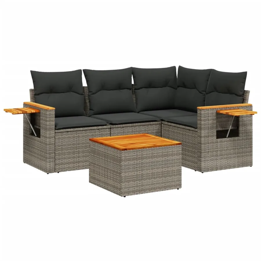 Salon de jardin 5 pcs avec coussins gris résine tressée - 2