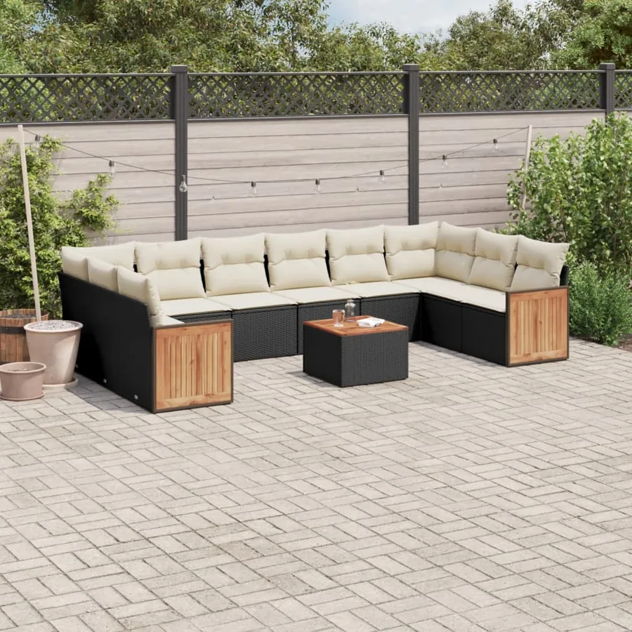 Salon de jardin 11 pcs avec coussins noir résine tressée
