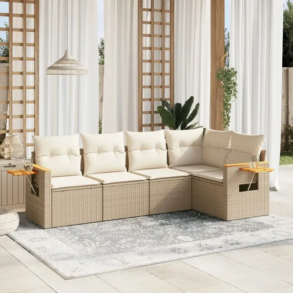Salon de jardin avec coussins 5 pcs beige résine tressée