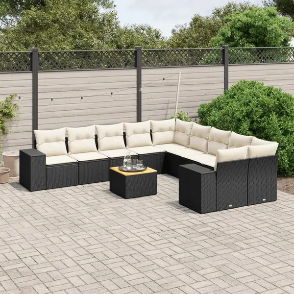 Salon de jardin 11 pcs avec coussins noir résine tressée