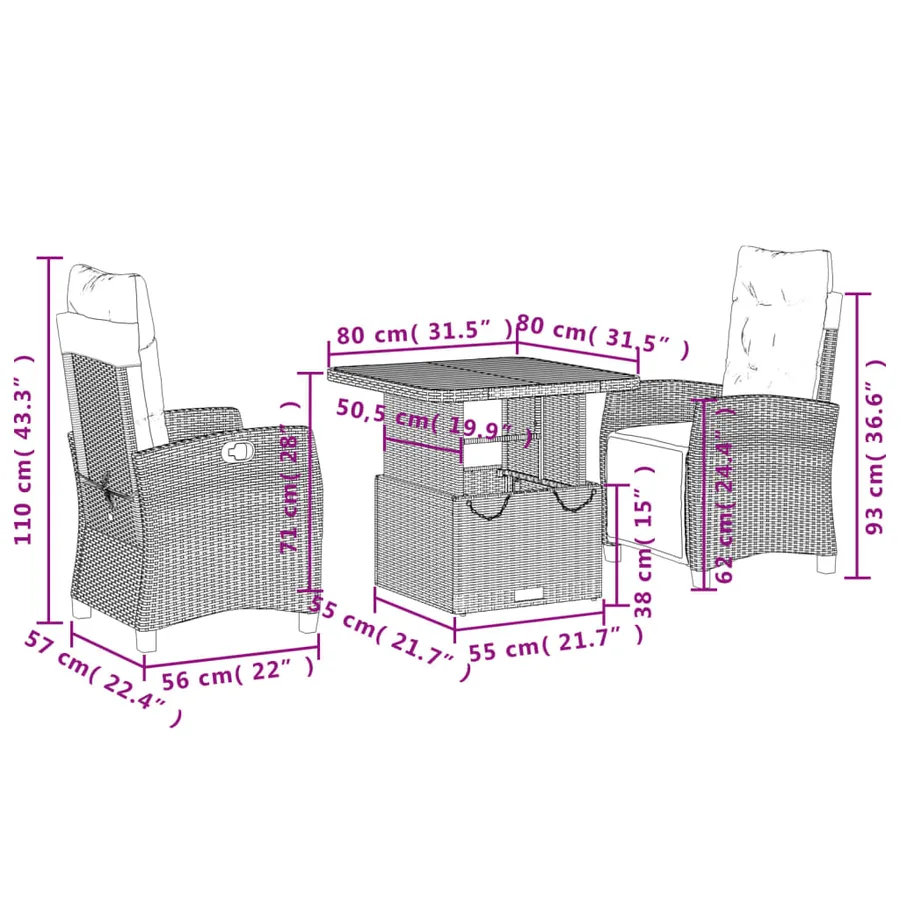 Ensemble à manger de jardin avec coussins 3 pcs Noir - 8