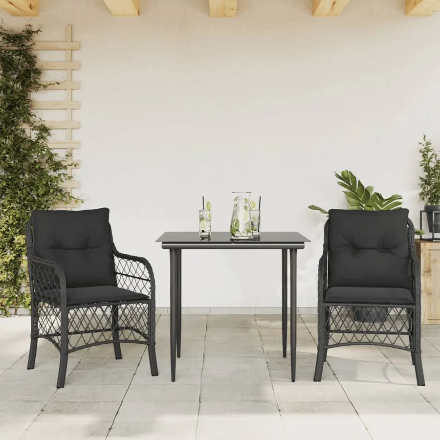 Ensemble de bistro 3 pcs avec coussins noir résine tressée