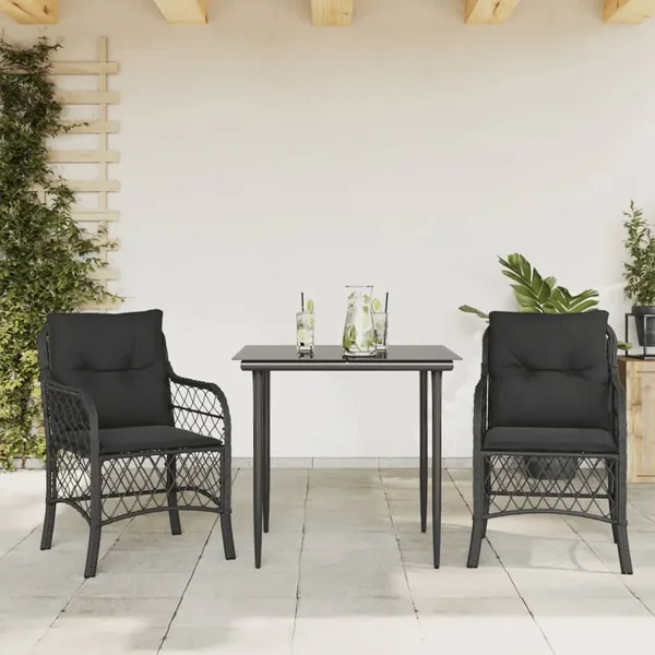 Ensemble de bistro 3 pcs avec coussins noir résine tressée