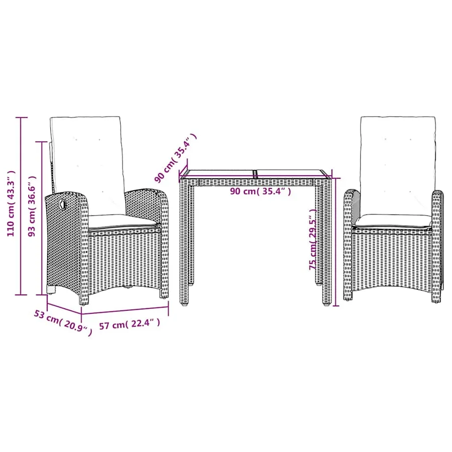 Ensemble à manger de jardin avec coussins 3 pcs Noir - 9
