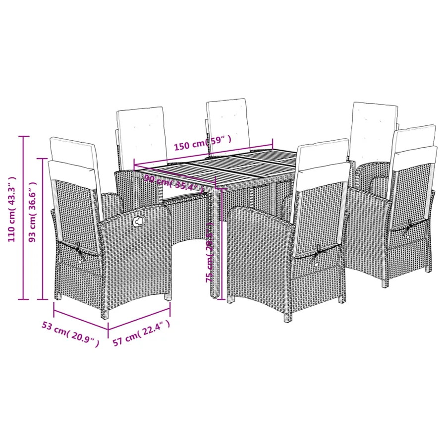 Ensemble à manger de jardin coussins 7pcs Noir Résine tressée - 9