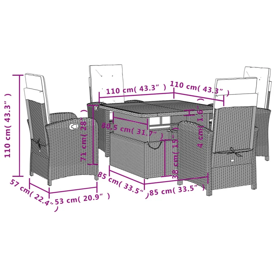 Ensemble à manger de jardin avec coussins 5pcs Beige poly rotin - 8