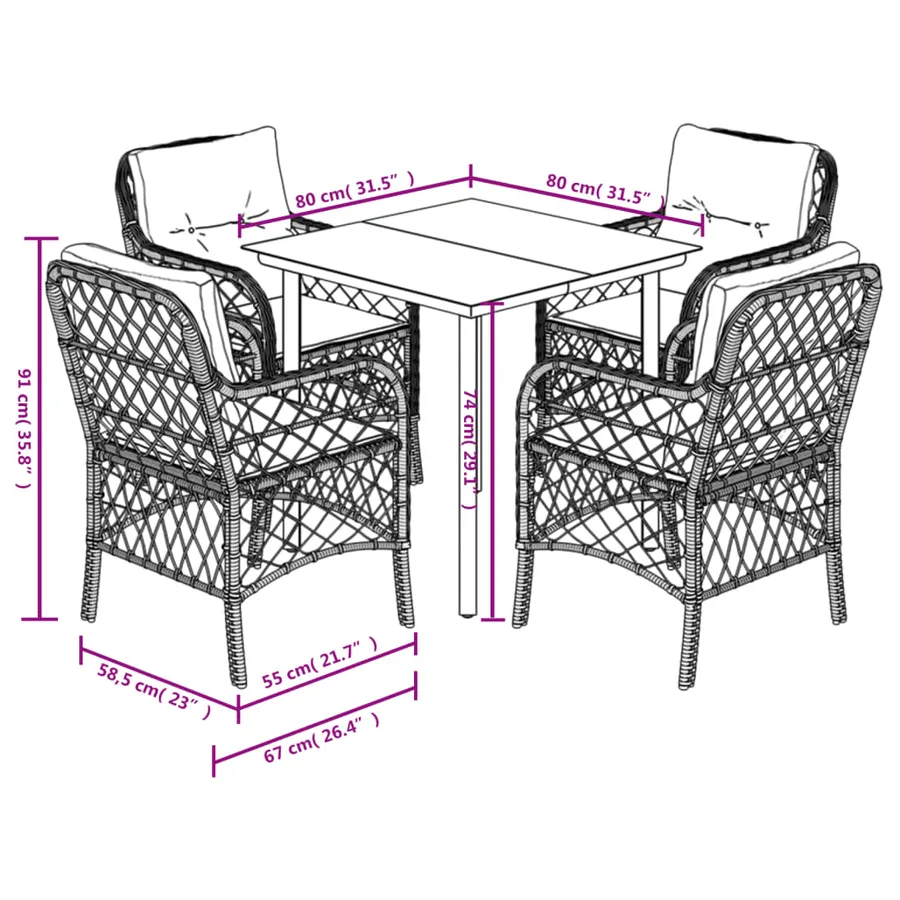 Ensemble à manger de jardin 5 pcs et coussins marron poly rotin - 7