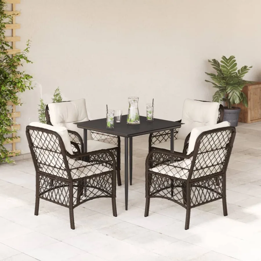 Ensemble à manger de jardin 5 pcs et coussins marron poly rotin