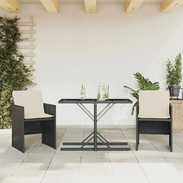 Ensemble de bistro 3 pcs avec coussins noir résine tressée