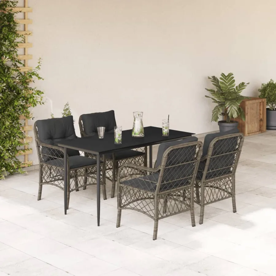 Ensemble à manger de jardin 5 pcs coussins gris résine tressée