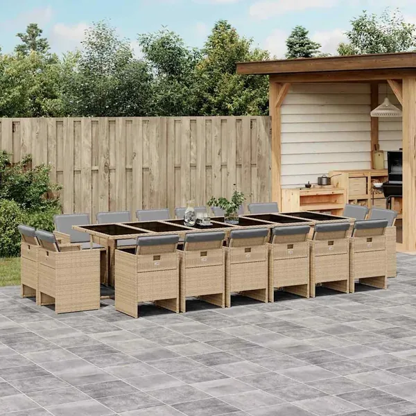 Ensemble à manger de jardin et coussins 17 pcs mélange beige