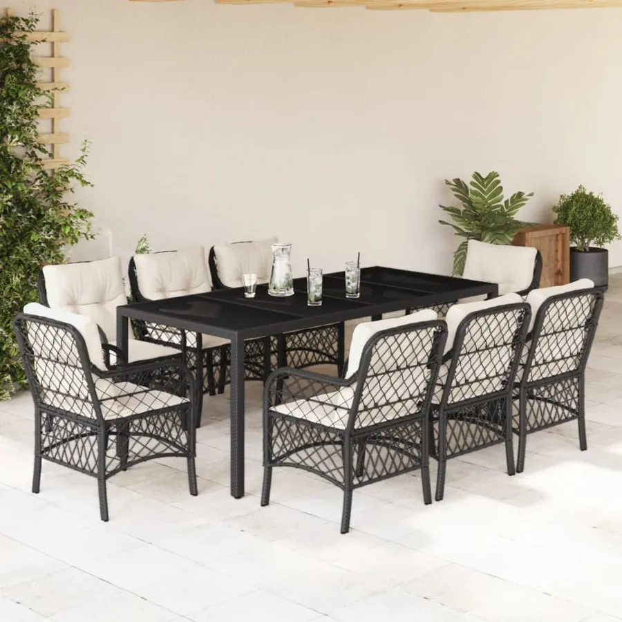 Ensemble à manger de jardin 9pcs coussins noir résine tressée