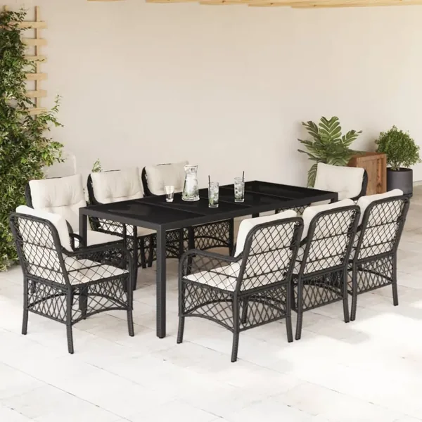 Ensemble à manger de jardin 9pcs coussins noir résine tressée