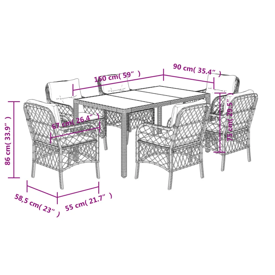 Ensemble à manger de jardin coussins 7pcs Noir Résine tressée - 7