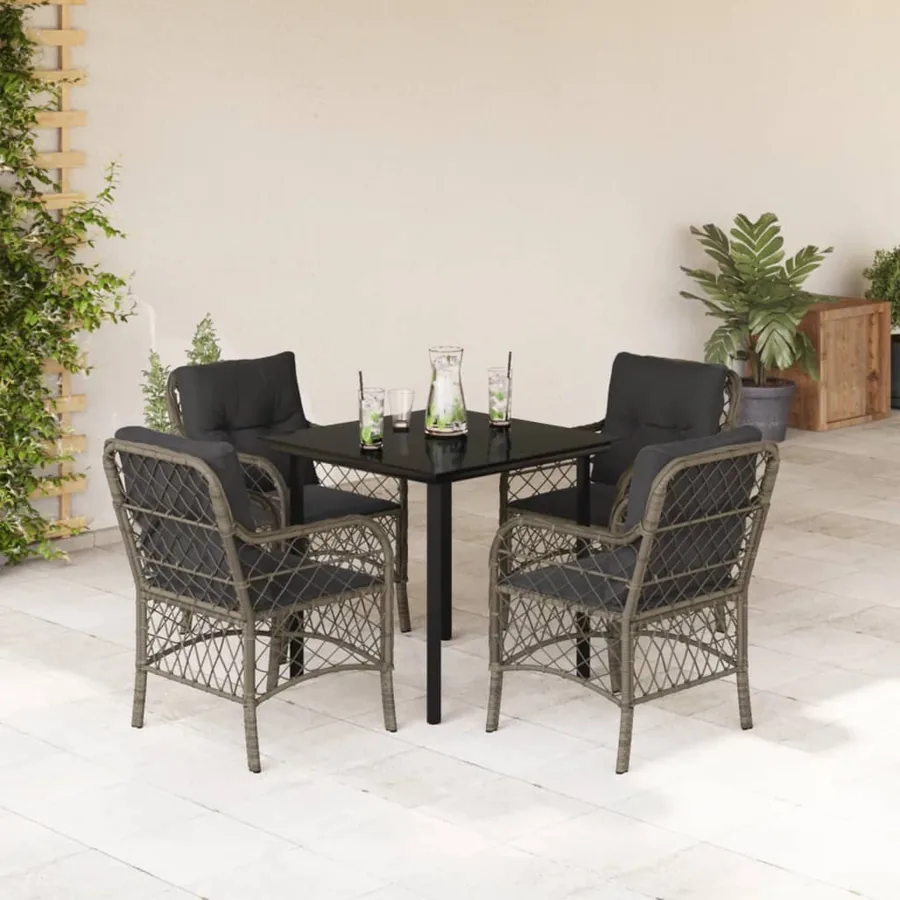 Ensemble à manger de jardin 5 pcs coussins gris résine tressée