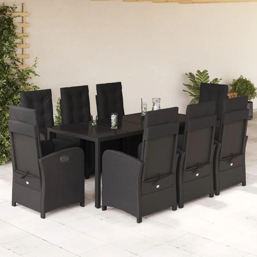 Ensemble à manger de jardin 9pcs coussins noir résine tressée